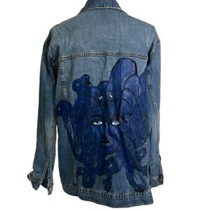 Hand Painted Upcycled Denim Jean Jacket Women’s Large Medusa Woman Head Snakes